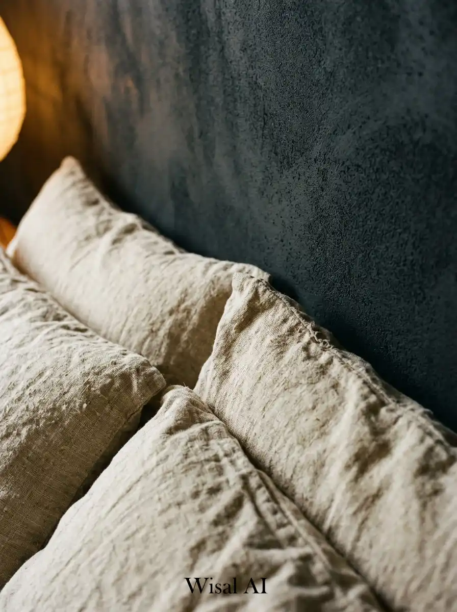 7. Raw Linen Japandi Bedroom Against Dark Walls