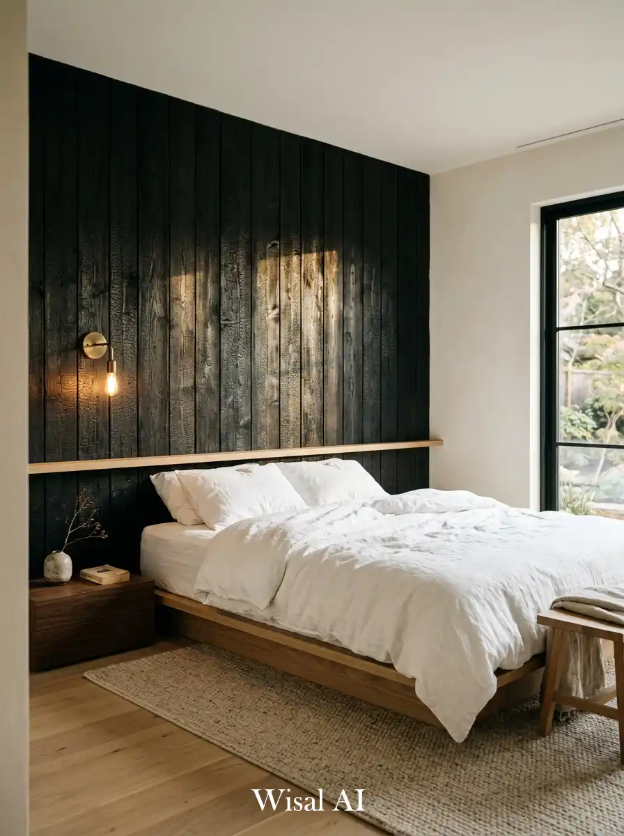 2. Shou Sugi Ban Dark Japandi Bedroom Wall