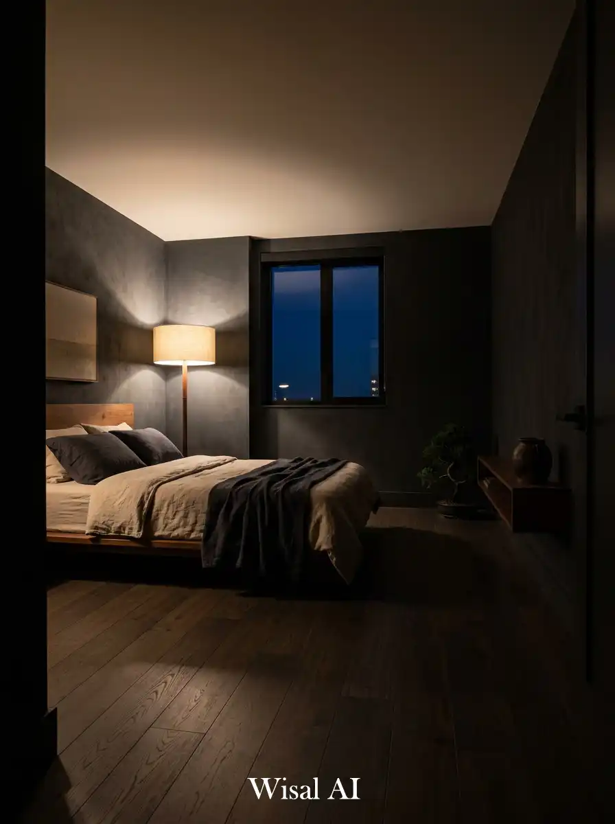 15. Single Floor Lamp Dark Japandi Bedroom  The Shadow Is Part of the Design