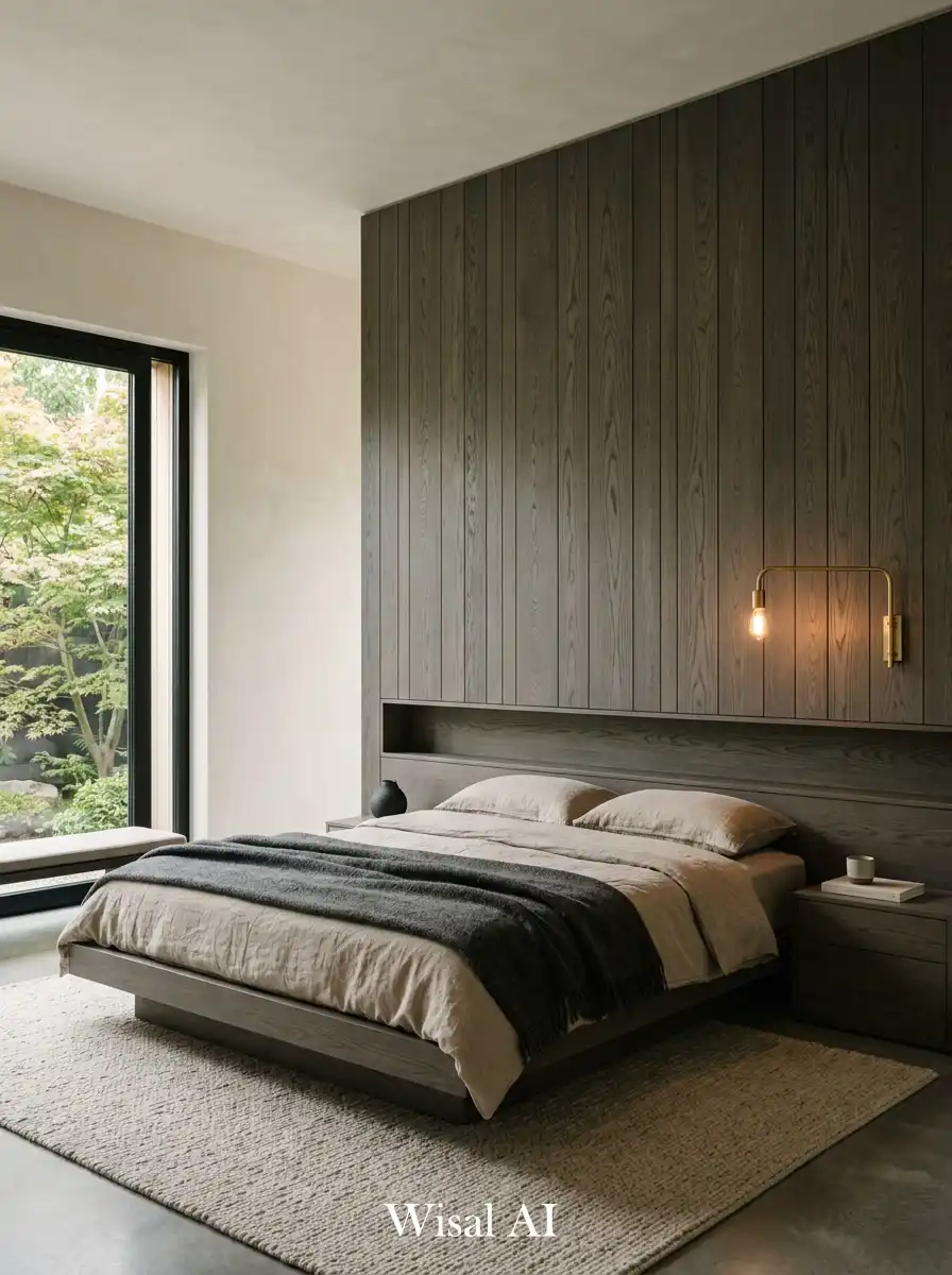 6. Smoked Oak Panel Dark Japandi Bedroom Wall