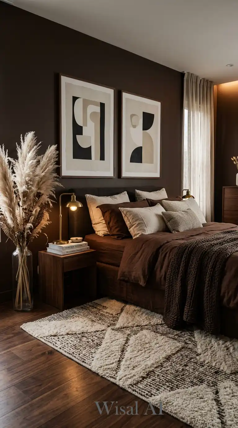 16.Sophisticated Curation: Art-Focused Luxury Brown and White Bedroom Ideas