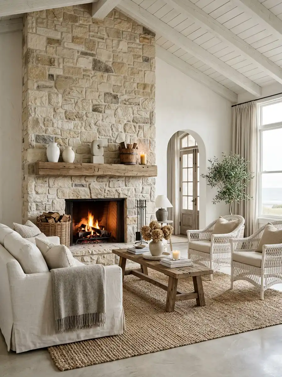 22.Stone Hearth and Coastal Calm: A Cozy Living Room Idea