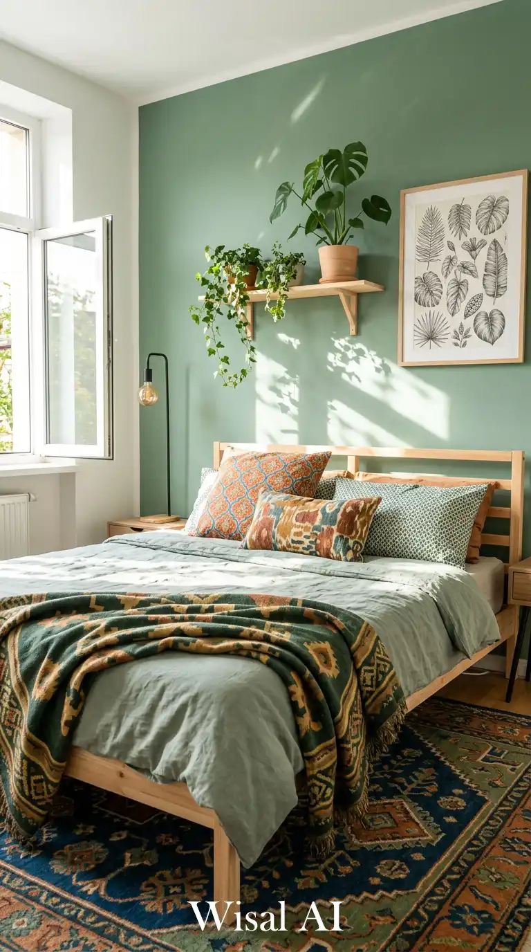 23.Sun-Kissed and Eclectic: A Vibrant Sage Green Bedroom Idea