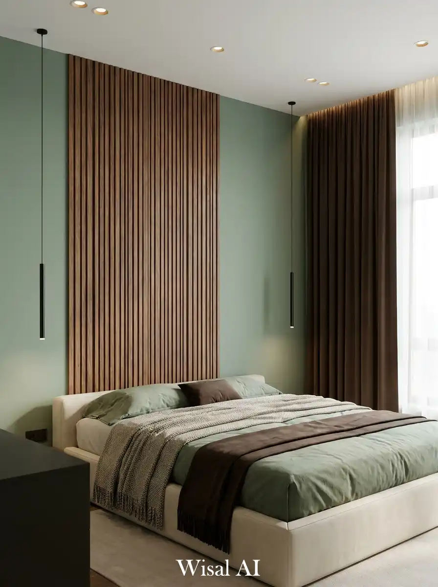 30.The Contemporary Slatted Retreat: A Luxury Sage Green Bedroom
