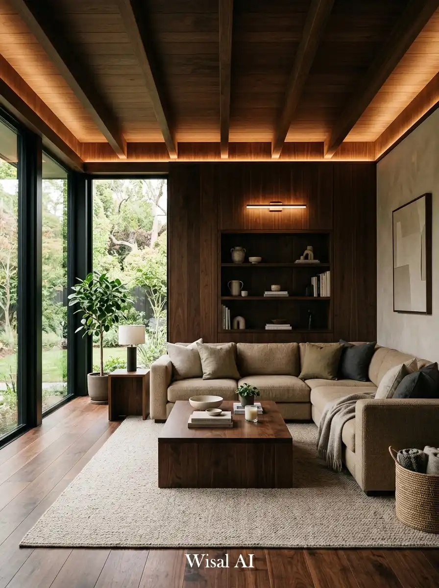 22. Warm Dark Wood Minimal Living Room